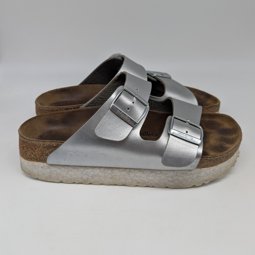 Papillio Birkenstock Arizona Platform Sandals Womens 39 Silver Metallic Slides